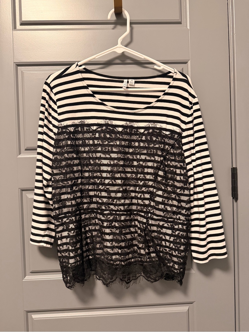 Elle Black and White Striped Long-Sleeve Tee with Black Lace Front